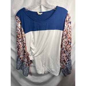G+E Women's Blue White Long Sleeve Printed Sleeve Top Size Medium